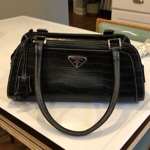 Prada Black Croc-Pattern Shoulder Bag